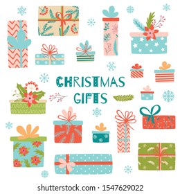 Caixas de presente de Natal definir coleção desenhada à mão bonito de Ano Novo apresenta isolado em elementos brancos Vetor