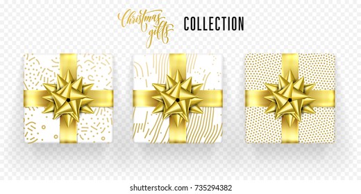Christmas gift boxes set with golden ribbon bow and gold wrapper pattern. Vector isolated gifts icons for New Year or Christmas and Birthday greeting card decoration on transparent background
