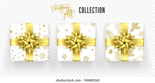 Christmas gift boxes set, golden ribbon bow and gold snowflakes and crystals wrapper pattern. Vector isolated gifts icons for New Year or Christmas and Birthday greeting card on transparent background