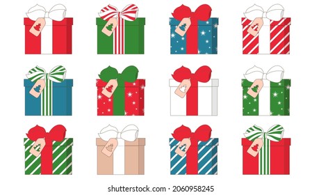 Cajas de regalo de Navidad con cinta adhesiva, arco y etiqueta. Diferentes colores que envuelven papel, tiras y copos de nieve. Elemento vectorial de diseño plano sobre fondo blanco para la ilustración actual de vacaciones