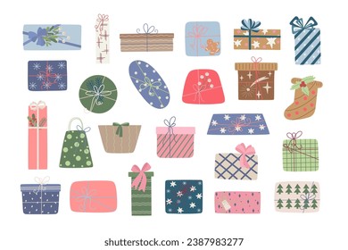 Cajas de regalo de Navidad ambientadas con cinta y arco ilustrativo vectorial, Feliz Navidad y Feliz Año Nuevo festivo decoración tradicional de vacaciones de invierno, adorno para afiches, tarjeta de saludo, pegatina
