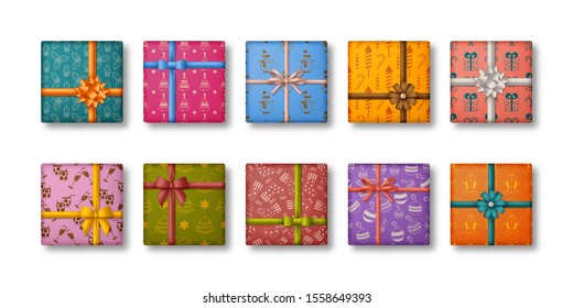 Christmas gift boxes set with ribbons and bows. Realistic presents isolated on transparent background. Vector illustration