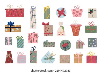 Cajas de regalo de Navidad con cintas y arcos ilustraciones vectoriales, Feliz Navidad y Feliz Año Nuevo decoración tradicional de vacaciones de invierno, elemento de diseño para afiche, tarjeta de saludo, pegatina