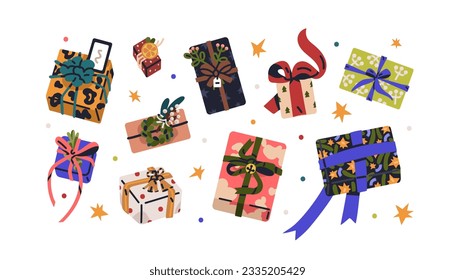 Christmas gift boxes set. Xmas presents packed in festive packages, paper wrapping, ribbon bows, designed with holiday decorations. Flat graphic vector illustrations isolated on white background