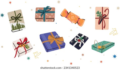 Christmas gift boxes set. Xmas presents packed in festive packages, paper wrapping, ribbon bows, designed with holiday decorations. Flat graphic vector illustrations isolated on white background