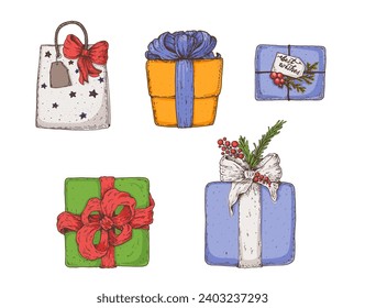 Weihnachtsgeschenkbox-Skizze-Sammlung. Set verschiedener Geschenkbox. Handgezeichnete Vektorgrafik.