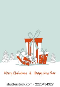 Christmas gift boxes in snow against backdrop of winter landscape. New Year and Christmas greeting text. Vector illustration.