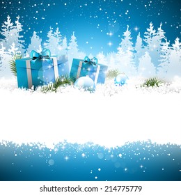Christmas gift boxes in the snow with snowy landscape on the background - greeting card with place for text
