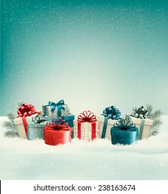 Christmas gift boxes in snow. Vector.