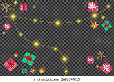 Las cajas de regalo de Navidad y los adornos de copo de nieve se muestran sobre un fondo transparente con luces