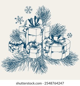 Christmas gift boxes, snowflake and pine branches. Hand drawn vector illustration.