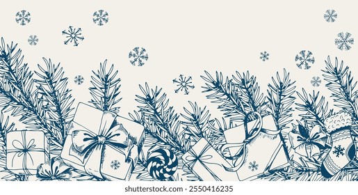 Christmas gift boxes, snowflake and pine branches. Horizontal border Hand drawn vector illustration.