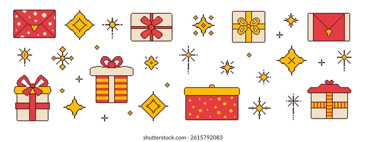 Christmas gift boxes and sparkles set pixel art style. 8 bit birthday presents. Party giftbox in retro 90s style. Prize with bow vector illustration isolated on white background. Surprise packages.
