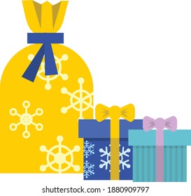 Christmas gift boxes tied with bows and Santa Claus's New Year sack. Gift isolated on white background. Flat infographics. Vector illustration