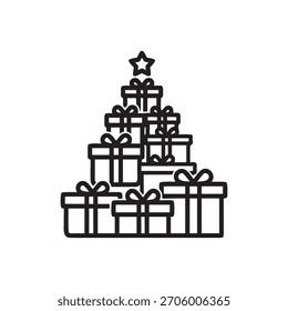 Árbol de las cajas de regalo de la Navidad arte blanco y negro de la línea de Vector para el diseño de vacaciones del año Nuevo