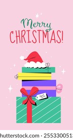 Christmas gift boxes vector illustration on pink background. Vertical banner or greeting card template with handwritten lettering ''Merry Christmas!'', presents and Santa's hat