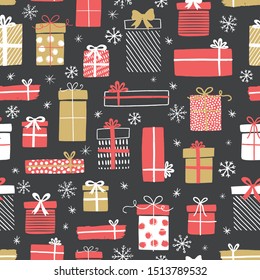 Christmas gift boxes vector pattern with snowflakes. Seamless background with gift boxes. Illustration for greeting cards, invitations, posters. 