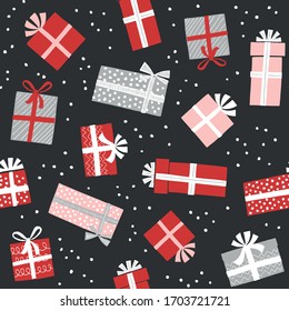 Christmas gift boxes vector pattern with snow. Seamless background with gift boxes with bows. Illustration for greeting cards, invitations, posters. 