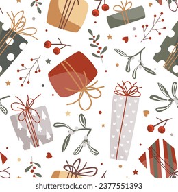 Christmas gift boxes vector pattern in retro style. Seamless background with gift boxes, and floral branches. Illustration for greeting cards, invitations, posters.