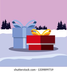 christmas gift boxes in the winter landscape