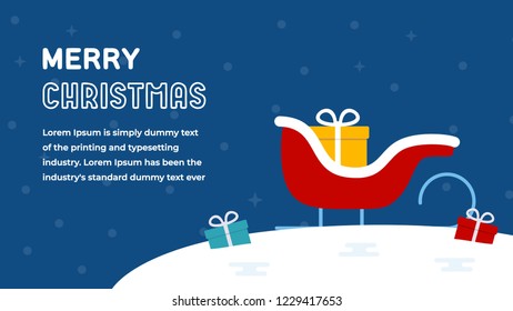 Christmas Gift Boxes wit Santa Sleigh Merry Christmas Greeting Card Flat Vector Illustration. Happy New Year Flat Style Invitation