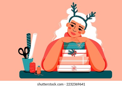 Christmas gift boxes. Woman sitting at the table  with  stack of packing gifts. Woman wrapping presents with decorative paper. Vector illustration.