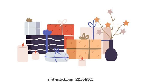 Cajas de regalo de Navidad envueltas en papeles festivos con arcos y cintas. Xmas presenta en envoltorio vacacional, diferentes paquetes, velas y jarrón. Ilustración vectorial plana aislada en fondo blanco