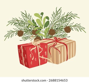 Cajas de regalo de Navidad. Regalos de Navidad envueltos, sorpresas de vacaciones de invierno. Cajas de regalo de cumpleaños o Navidad conjunto de Ilustración vectorial plana