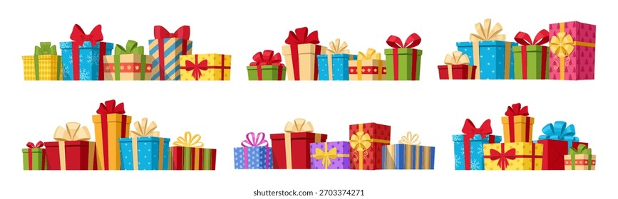 Cajas de regalo de Navidad. Regalos envueltos de Navidad, sorpresas de vacaciones de invierno, fiesta de cumpleaños o cajas de regalo de Navidad conjunto de Ilustración vectorial plana. Cajas de regalo de la historieta en blanco