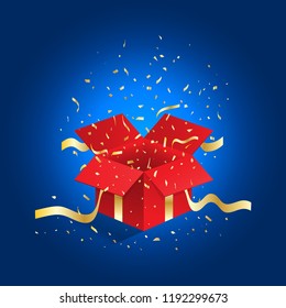 Christmas gift box,opened 3D box vector design with golden ribbons and confetti for use to website or postcard.