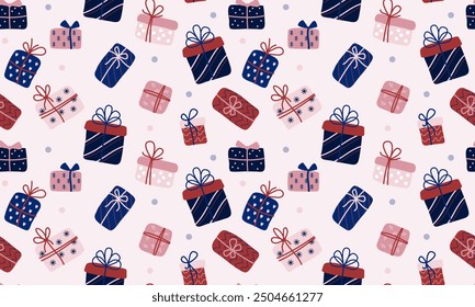 Christmas gift boxs pattern. Festive holiday background, xmas mood ornament for  present paper. Vector illustration