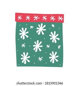 Christmas gift with bright white snowflakes. Funny green box with a red cap. Cartoon vector illustration isolated on white background.