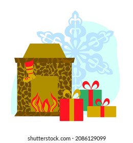 Christmas gift by the fireplace with a Christmas tree on a background with a snowflake