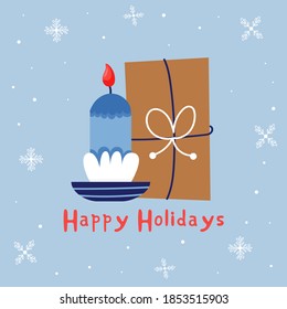 Christmas gift with candles. Holiday cute elements. New year greeting card Happy Holidays