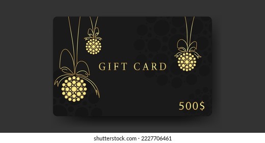 Christmas gift card, 500$. Golden Christmas balls, text, black pattern on dark background. Personal certificate. Elegant vector illustration for vaucher, coupon, discount.