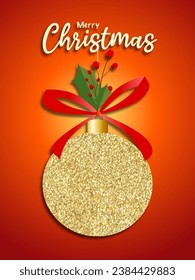 Christmas gift card banner on warm yellow background with xmas elements tee toys and gift box gold shine decorations red , stars flat style vector 