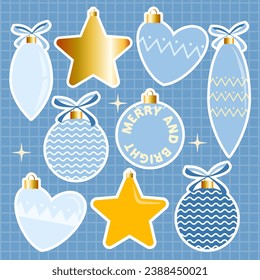 Christmas gift card banner on warm yellow background with xmas balls elements tee toys and gift box gold shine decorations red , stars flat style vector 