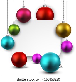 Christmas gift card with colorful decorative balls. Vector illustration. 