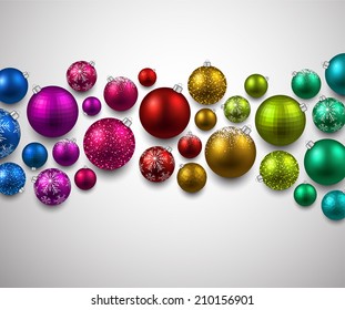 Christmas gift card with colorful decorative balls. Vector illustration.  