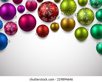 Christmas gift card with colorful decorative balls. Vector illustration. 