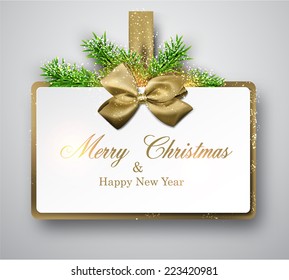 Christmas gift card with golden bow and spruce twigs. Vector illustration.  