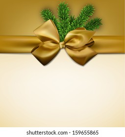 Christmas gift card with golden ribbon and satin bow. Vector illustration. 