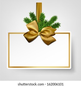 Christmas gift card with golden ribbon and satin bow. Vector illustration. 