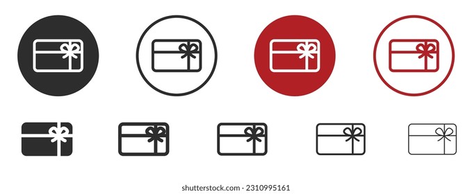 Christmas gift card icon set in stroke line style. Birthday cash giftcard with ribbon symbol in black and red color. 