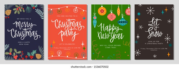 Christmas gift card and invitation set with lettering. Hand drawn design  elements. Perfect for winter holidays and New Year greetings.