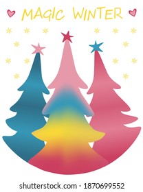 Christmas gift card, poster, banner or tag with Christmas trees and the inscription-magical winter. Manual design elements. Vector illustration.Vector illustration.