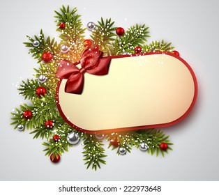 Christmas gift card with red bow over spruce twigs. Vector illustration. 