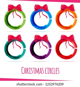 Christmas gift card with red ribbon and satin bow. Vector illustration. Circle and bow