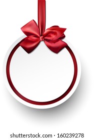 Christmas gift card with red ribbon and satin bow. Vector illustration. 