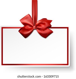 Christmas gift card with red ribbon and satin bow. Vector illustration.  